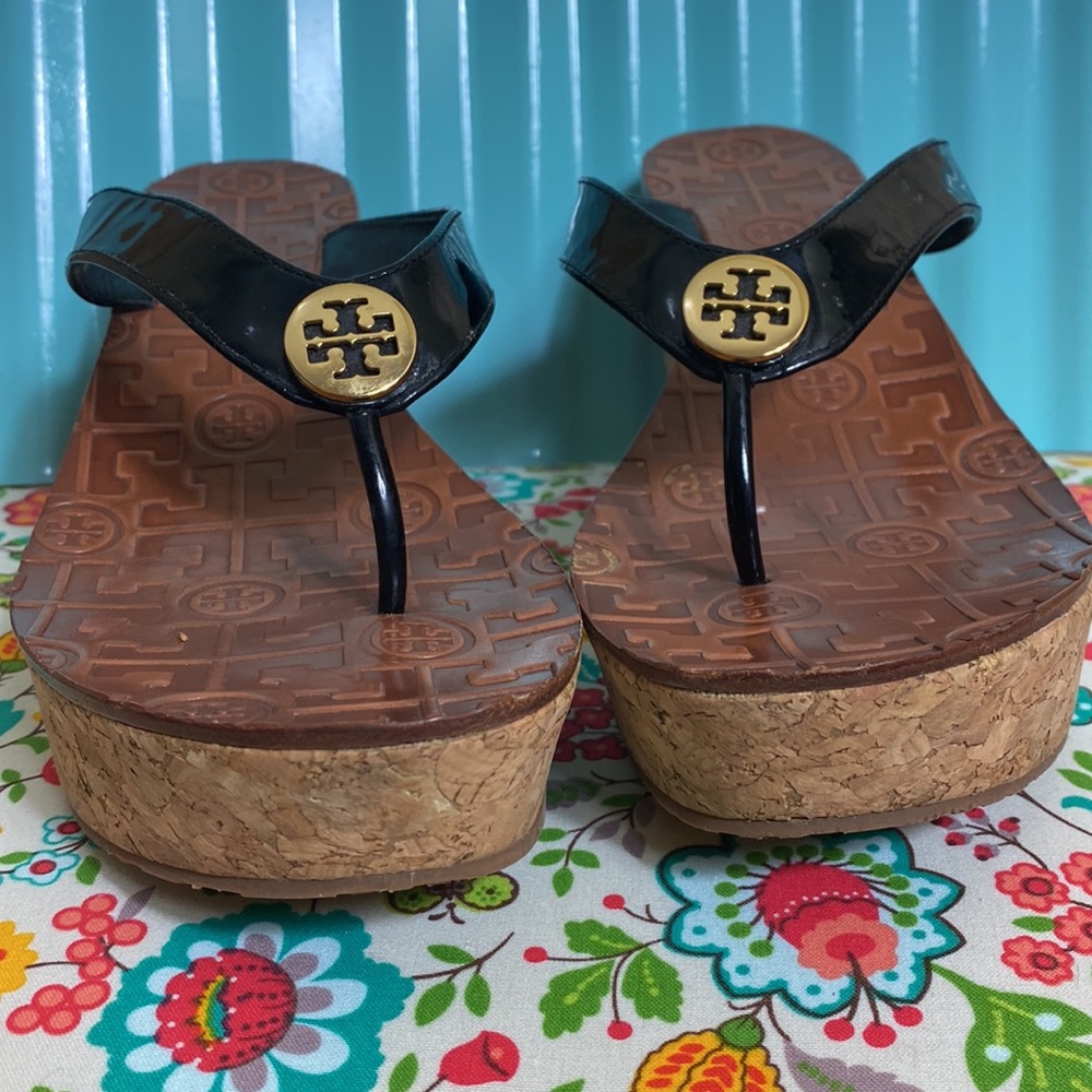 Tory Burch Black Tan Thong Cork Wedge Sandals Size 10M
